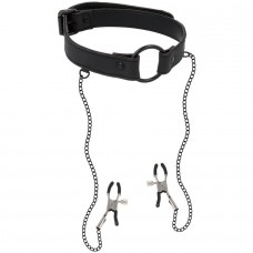 Fetish Submissive Genuine Vegan Leather - O-Ring Gag with Nipple Clamps